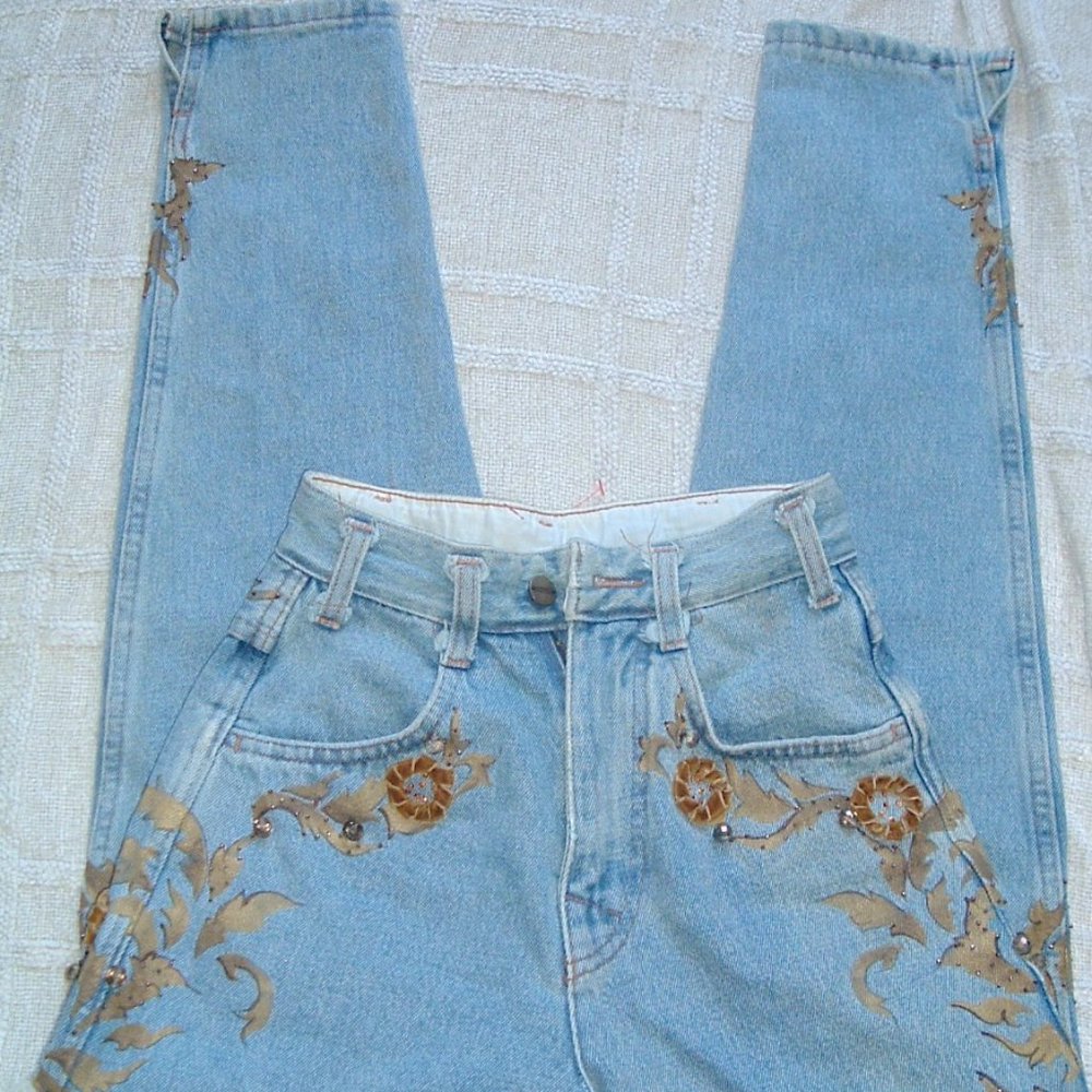 Vintage Italy mom jeans high waist velvet painted beaded boho festival S 24